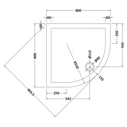 Slip Resistant Quadrant Shower Tray 800 x 800mm - Technical Drawing