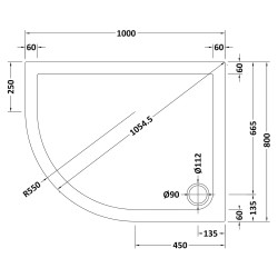 Slip Resistant Offset Quadrant Shower Tray LH 1000 x 800mm - Technical Drawing