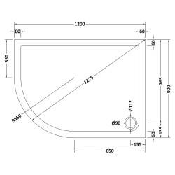 Slip Resistant Offset Quadrant Shower Tray LH 1200 x 900mm - Technical Drawing