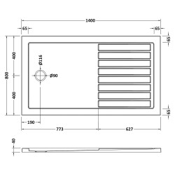 Slip Resistant Walk In Rectangular Shower Tray 1400mm x 800mm - White - Technical Drawing