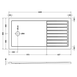 Slip Resistant Walk In Rectangular Shower Tray 1600mm x 800mm - White - Technical Drawing