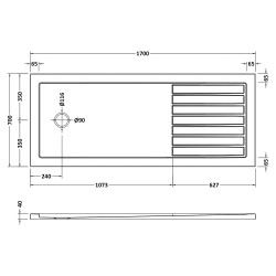 Slip Resistant Walk In Rectangular Shower Tray 1700mm x 700mm - White - Technical Drawing