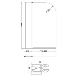 Straight Bath Screen With Fixed Panel 790mm x 1435mm - Technical Drawing