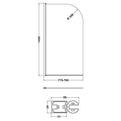 Matt Black Sail Bath Screen 830mm x 1430mm - Technical Drawing