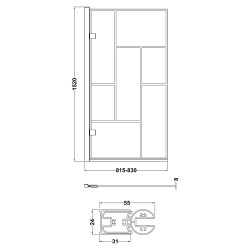 Matt Black Fixed Abstract Block Framed Bath Screen 830 x 1430mm - Technical Drawing