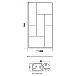 Matt Black Fixed Abstract Block Framed Bath Screen 785 x 1430mm - Technical Drawing