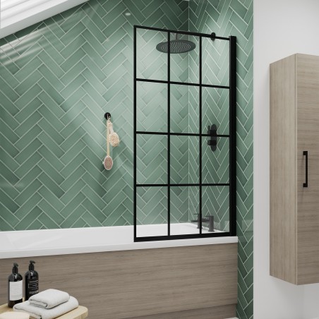 Matt Black Grid Framed Bath Screen 785 x 1430mm