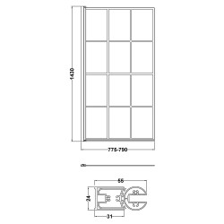 Matt Black Grid Framed Bath Screen 785 x 1430mm - Technical Drawing