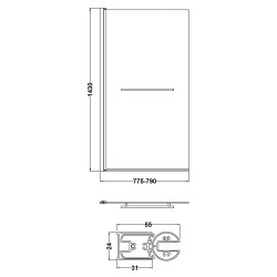 Square Bath Screen With Rail 790mm x 1435mm - Technical Drawing