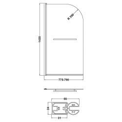 Straight Bath Screen With Rail 790mm x 1435mm - Technical Drawing