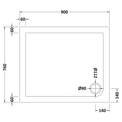 Rectangular Shower Tray 900mm x 760mm - Technical Drawing