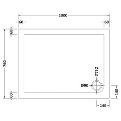 Rectangular Shower Tray 1000mm x 760mm - Technical Drawing