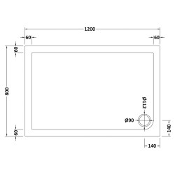 Rectangular Shower Tray 1200mm x 800mm - Technical Drawing
