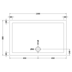 Rectangular Shower Tray 1300mm x 800mm - Technical Drawing
