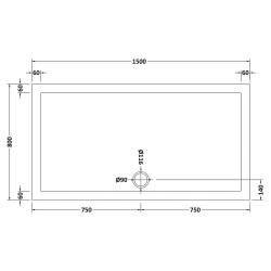 Rectangular Shower Tray 1500mm x 800mm - Technical Drawing