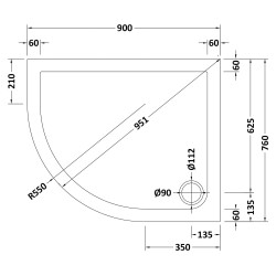Offset Quadrant Shower Tray Left Handed 900mm x 760mm - Technical Drawing