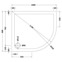 Offset Quadrant Shower Tray Right Handed 1000mm x 900mm - Technical Drawing