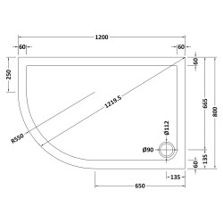 Offset Quadrant Shower Tray Left Handed 1200mm x 800mm - Technical Drawing