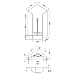 Mayford Two Door Corner Unit And Basin - Gloss White - Technical Drawing