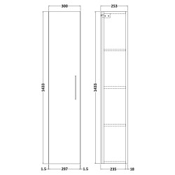 Arno 1433mm (h) x 300mm (w) x 235mm (d) Tall Unit (Single Door) - Bleached Oak - Technical Drawing