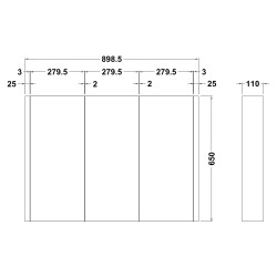 Eden 900mm 3 Door Mirror Cabinet - Satin White - Technical Drawing