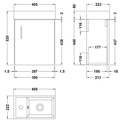 Fusion Wall Hung 400mm Cabinet & Basin - Gloss White - Technical Drawing