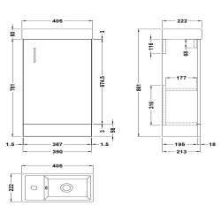 Fusion 400mm Freestanding Cabinet & Basin - Gloss White - Technical Drawing