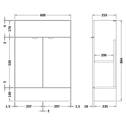 Fusion Slimline 600mm Vanity Unit - Bleached Oak - Technical Drawing