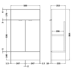 Fusion Fitted 500mm Slimline Vanity Unit - Anthracite Woodgrain - Technical Drawing