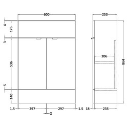 Fusion Fitted 600mm Slimline Vanity Unit - Anthracite Woodgrain - Technical Drawing