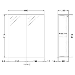 Athena 600mm Mirror Unit - Anthracite Woodgrain - Technical Drawing
