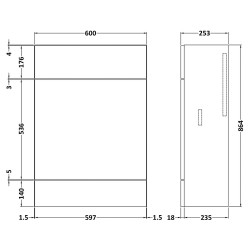 Fusion Fitted 600mm Slimline WC Unit - Anthracite Woodgrain - Technical Drawing
