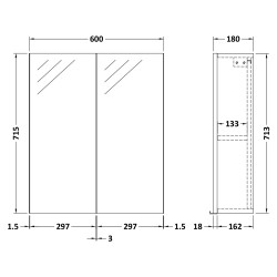 Athena 600mm Mirror Cabinet - Charcoal Black - Technical Drawing