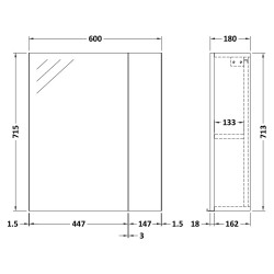 Athena 600mm Mirror Unit - Charcoal Black - Technical Drawing