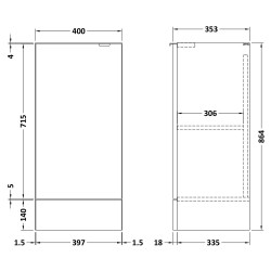 Fusion Fitted 400mm Base Unit - Charcoal Black - Technical Drawing