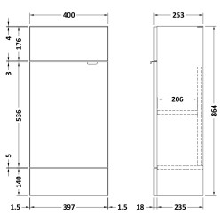 Fusion Fitted 400mm Slimline Vanity Unit - Gloss Grey - Technical Drawing