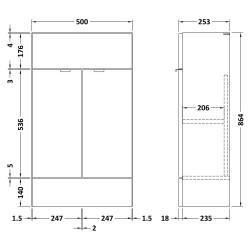 Fusion Fitted 500mm Slimline Vanity Unit - Gloss Grey - Technical Drawing