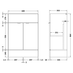 Fusion Fitted 600mm 2 Door Vanity Unit - Gloss Grey - Technical Drawing