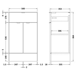 Fusion Fitted 500mm Drawer & 2 Door Line Base Unit - Gloss Grey - Technical Drawing