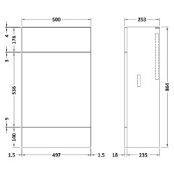 Fusion Fitted 500mm Slimline Toilet Unit - Gloss Grey - Technical Drawing
