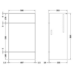 Fusion Fitted 500mm Toilet Unit - Gloss Grey - Technical Drawing