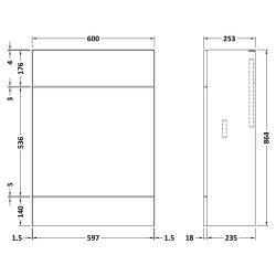 Fusion Fitted 600mm Slimline Toilet Unit - Gloss Grey - Technical Drawing