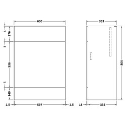 Fusion Fitted 600mm Slimline Toilet Unit - Gloss Grey - Technical Drawing