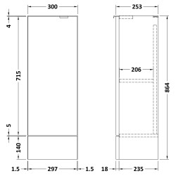 Fusion Fitted 300mm Slimline Base Unit - Gloss Grey - Technical Drawing