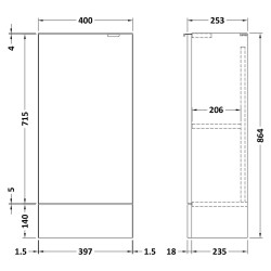 Fusion Fitted 400mm Slimline Base Unit - Gloss Grey - Technical Drawing