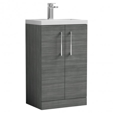 Arno Compact 500mm Freestanding 2 Door Vanity Unit with Polymarble Basin - Anthracite Woodgrain