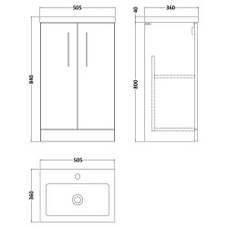 Arno Compact 500mm Freestanding 2 Door Vanity Unit with Polymarble Basin - Anthracite Woodgrain - Technical Drawing