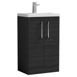 Arno Compact 500mm Freestanding 2 Door Vanity Unit with Polymarble Basin - Charcoal Black Woodgrain