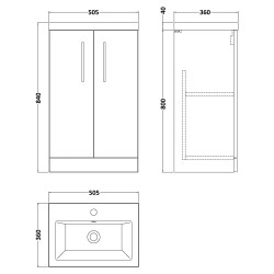 Arno Compact 500mm Freestanding 2 Door Vanity Unit with Ceramic Basin - Charcoal Black Woodgrain - Technical Drawing