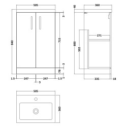 Arno Compact 500mm Freestanding 2 Door Vanity Unit with Polymarble Basin - Gloss White - Technical Drawing